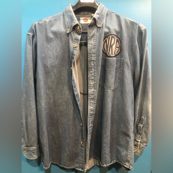 Handmade denim shacket eagle RIGHT TO BEAR ARMS mens XL runs large ptp 27 - Picture 4 of 13